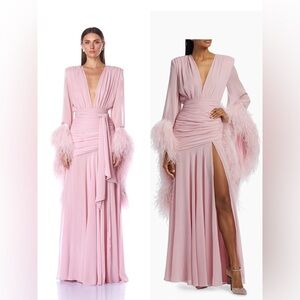 NWOT BRONX AND BANCO Geisha Pink Maxi Dress Elegant Feathered Gown